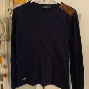 Ralph Lauren Jean Co Long Sleeve Women’s Large Blue Faux Elbow Patch Suede Trim